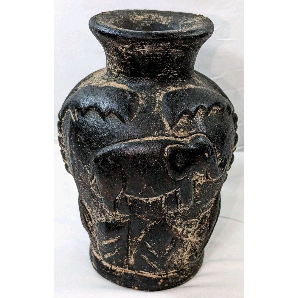 Mexican Pottery 9" Vase Jar Raised Relief Elephant Palm Trees Grass Thick Heavy